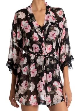 COPY - NWT In Bloom by Jonquil Black Floral Short Chiffon Lace Robe Medium $58